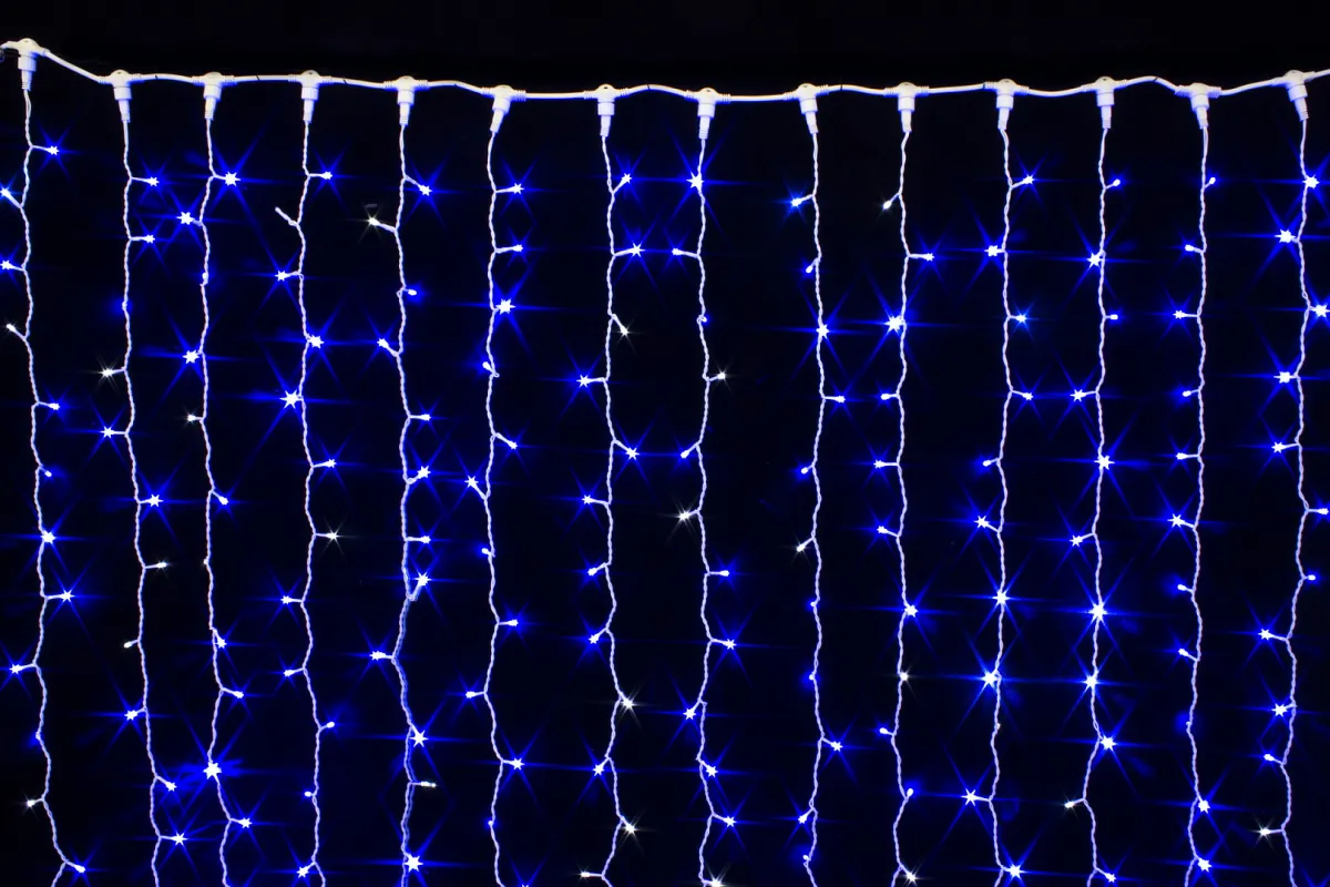 Гирлянда "Занавес (дождь)" уличная 2×1,5 м, 210 LED, мерцает, провод белый ПВХ, IP54, синий