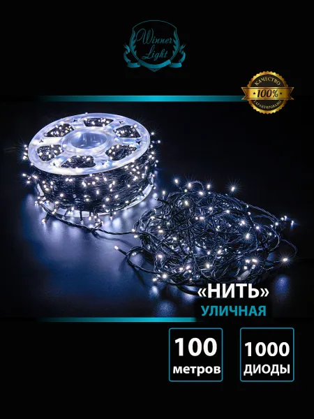 Гирлянда "Нить" уличная 1000 LED, 100 м, мерцает, провод чёрный ПВХ, IP54, белый