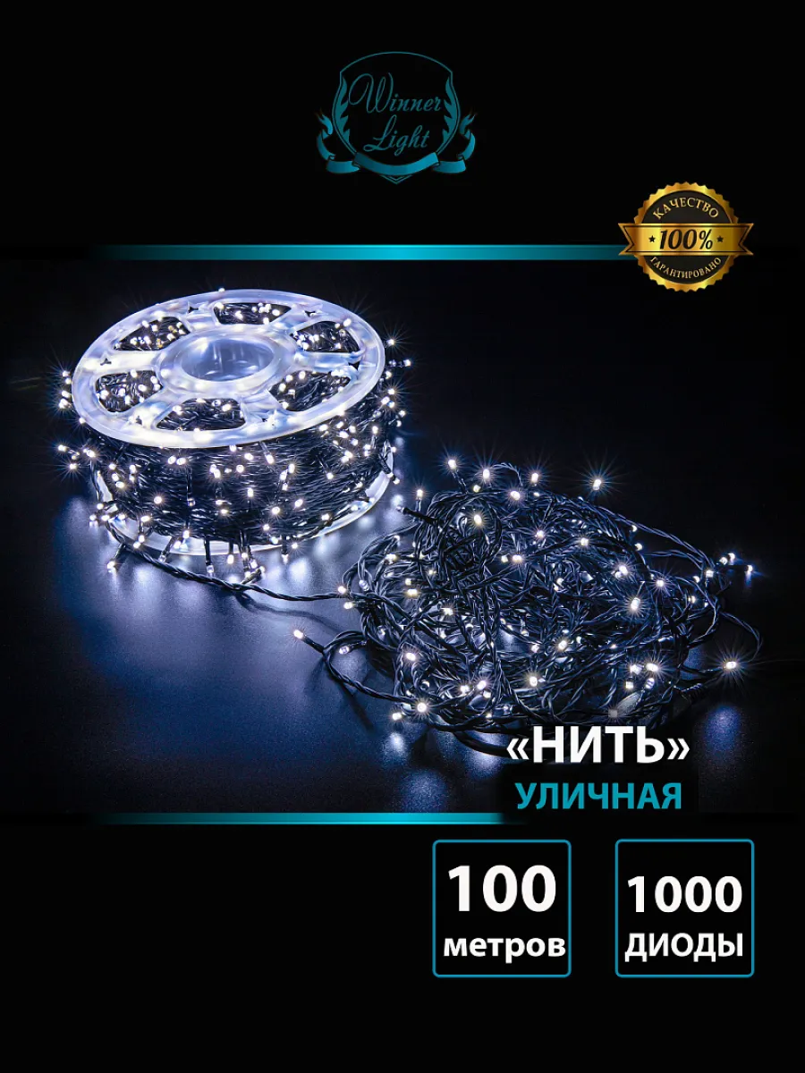 Гирлянда "Нить" уличная 1000 LED, 100 м, мерцает, провод чёрный ПВХ, IP54, белый